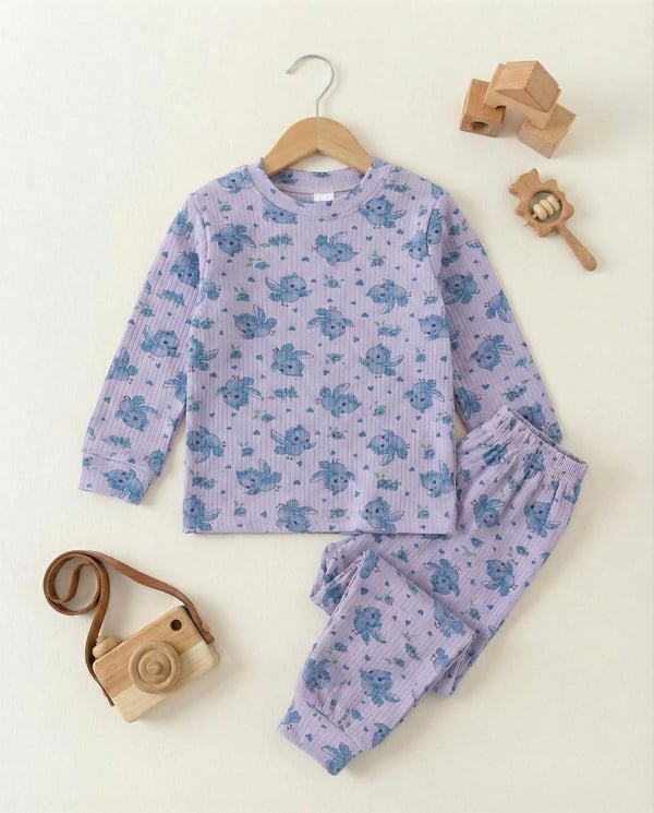 2026-12 Baykuş Kalp Baskılı Fitilli Kumaş Kız Çocuk Pijama Takımı-LİLA