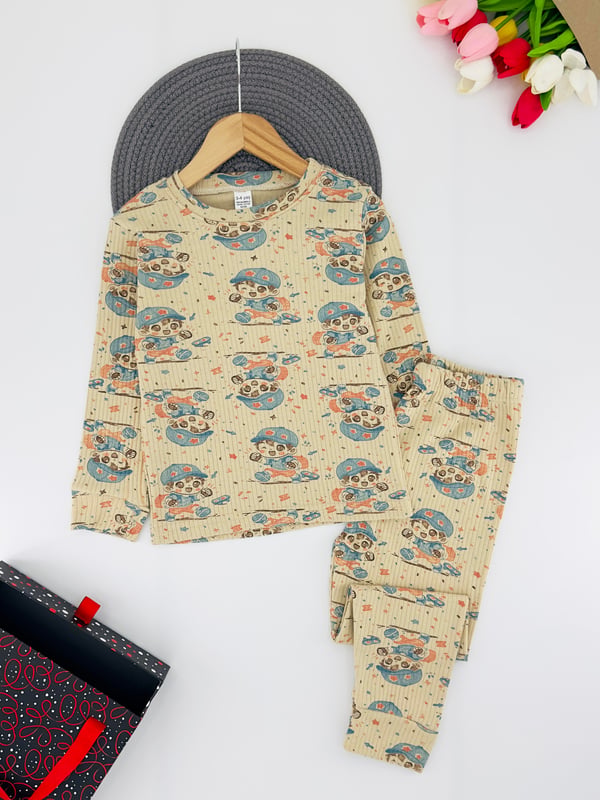 2026-17 Çocuk Yıldız Baskılı Fitilli Kumaş Erkek Çocuk Pijama Takımı-BEJ