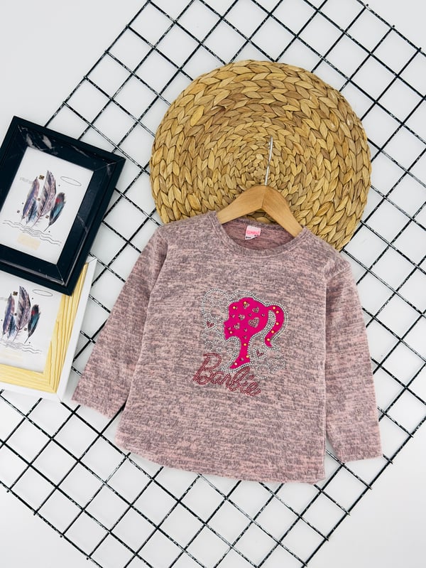 2027-1  Boncuklu Taşlı Kalp Detaylı Brb Kız Çocuk Sweat-PEMBE