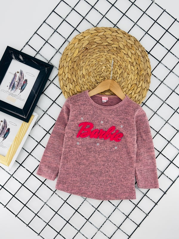 2027-2 Brb Yazılı Yıldız Nakışlı Kız Çocuk Mevsimlik Sweat-KOYU PEMBE