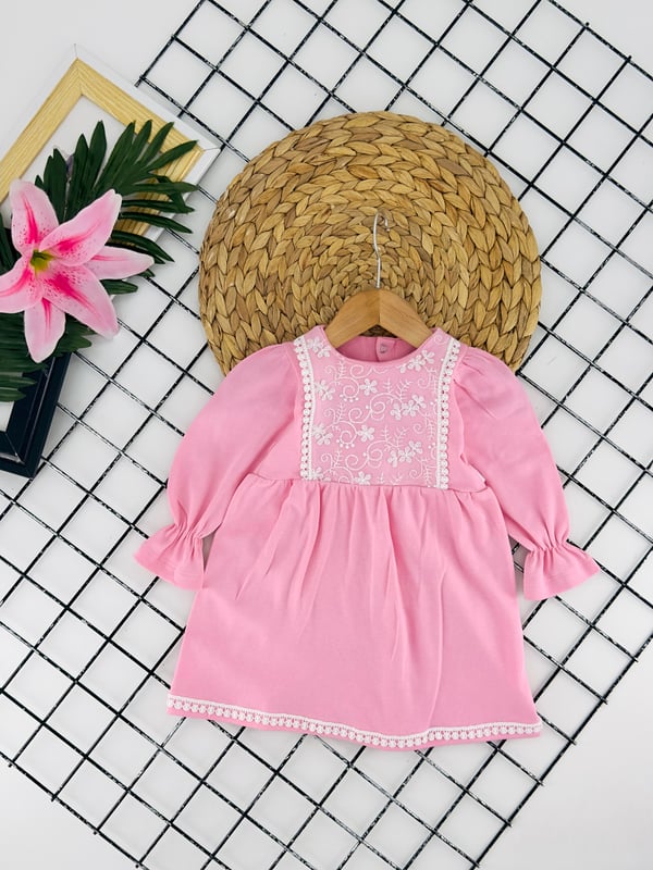 2031 Önü Dantelli Penye Kız Elbise-PEMBE