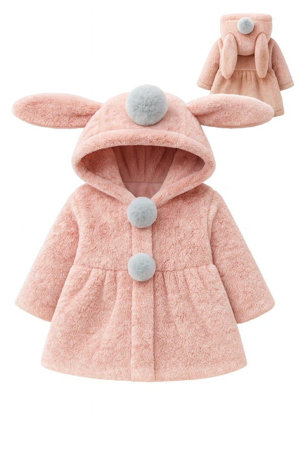 210 Kapşonlu Kulaklı Kız Çocuk Peluş Mont-TOZ PEMBE