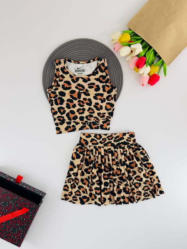 2100-2 Leopar Desen Şort Etekli Askılı Kız Çocuk Mayo Takım-Leopar Kahve