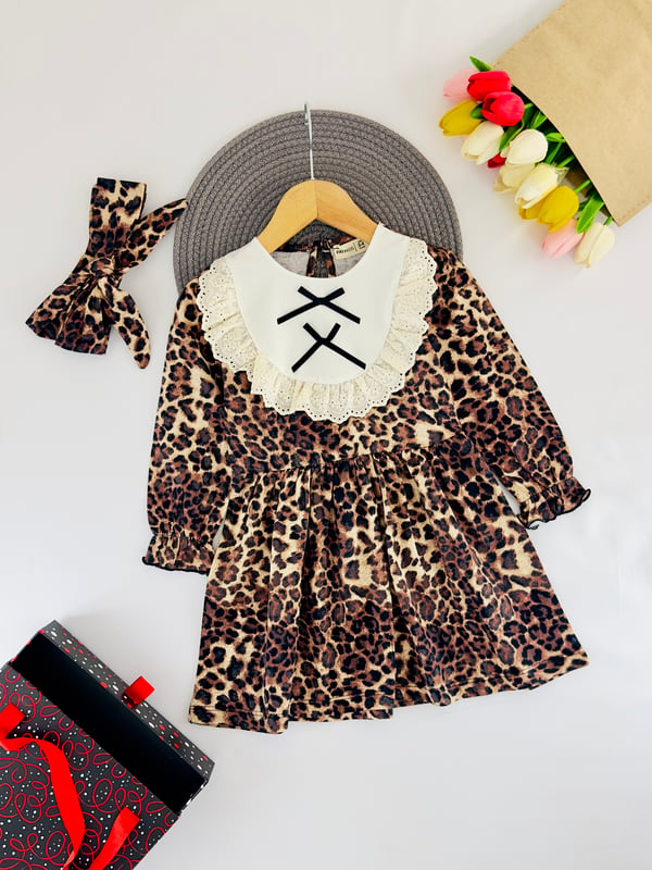 21005 Dantel Yaka Leopar Desenli Kız Çocuk Bandanalı Elbise-LEOPAR