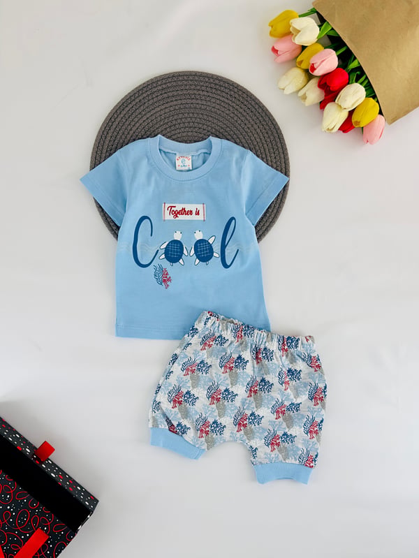2151-1 Cool Yazılı Kaplumbağ Baskılı Erkek bebek Takım-MAVİ