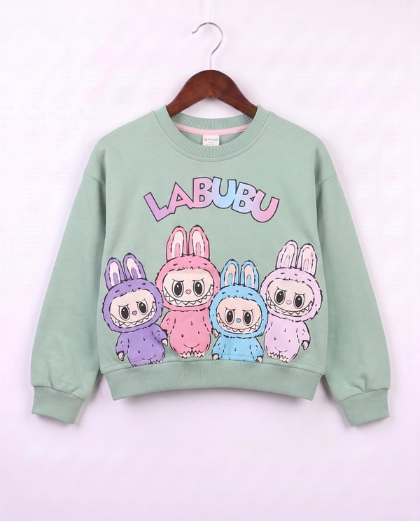 21701 Çoklu Labubu Baskılı Kız Çocuk Sweeat-YEŞİL