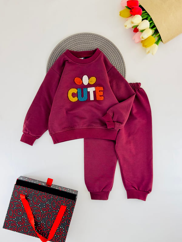 2205-3 Cute Nakışlı Mevsimlik Erkek Çocuk Takım-BORDO