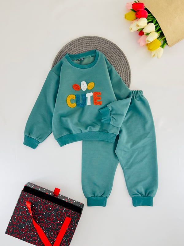 2205-3 Cute Nakışlı Mevsimlik Erkek Çocuk Takım-TURKUAZ