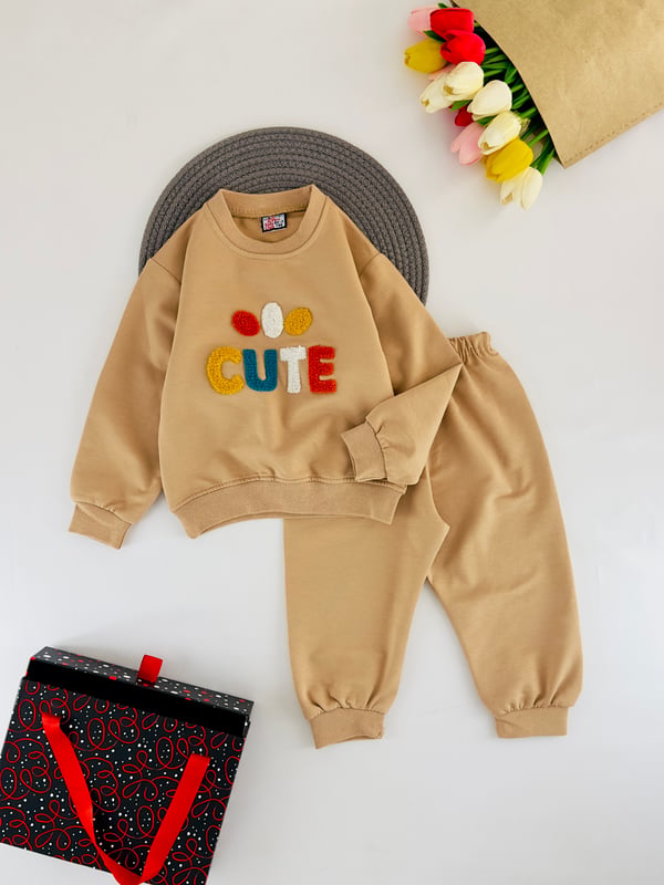 2205-3 Cute Nakışlı Mevsimlik Erkek Çocuk Takım-BEJ