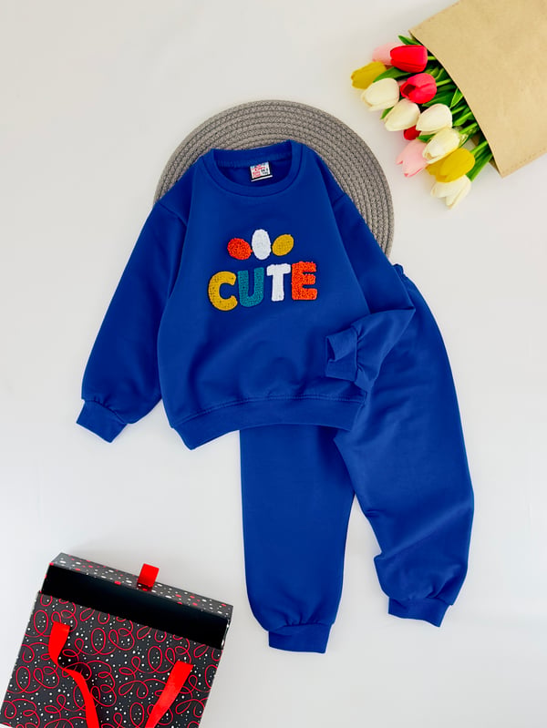 2205-3 Cute Nakışlı Mevsimlik Erkek Çocuk Takım-SAKS MAVİ