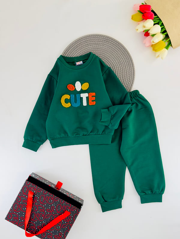 2205-3 Cute Nakışlı Mevsimlik Erkek Çocuk Takım-ZÜMRÜT YEŞİL