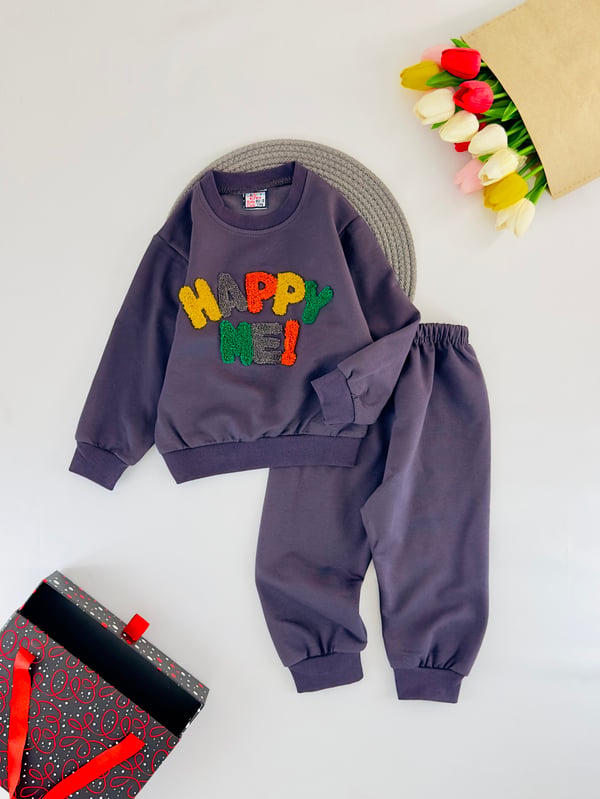 2205 Happy Me Nakışlı Mevsimlik Erkek Çocuk Takım-FÜME