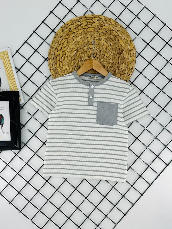 2254172 Çizgili Düğmeli Erkek Çocuk Penye Tişört-GRİ