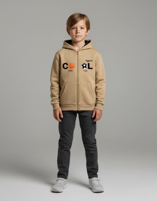 2264270 Cool Sport Nakışlı Kapşonlu Üç İp Erkek Çocuk Hırka-KREM