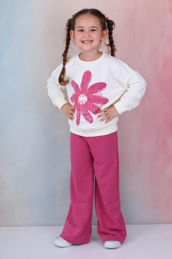 2273 I Adore Flowers Yazılı papatya Baskılı Kız Çocuk Üç İplik Şardonsuz Takım-MÜRDÜM