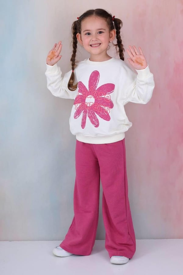 2273 I Adore Flowers Yazılı papatya Baskılı Kız Çocuk Üç İplik Şardonsuz Takım-MÜRDÜM