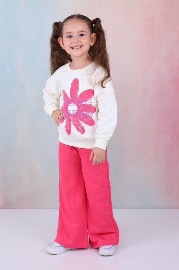 2273 I Adore Flowers Yazılı papatya Baskılı Kız Çocuk Üç İplik Şardonsuz Takım-FUŞYA