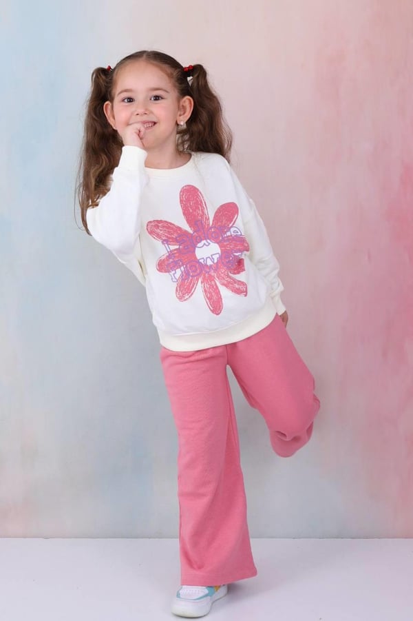 2273 I Adore Flowers Yazılı papatya Baskılı Kız Çocuk Üç İplik Şardonsuz Takım-GÜL KURUSU