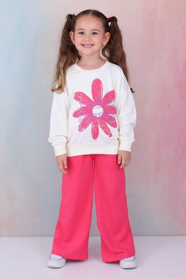 2273 I Adore Flowers Yazılı papatya Baskılı Kız Çocuk Üç İplik Şardonsuz Takım-FUŞYA