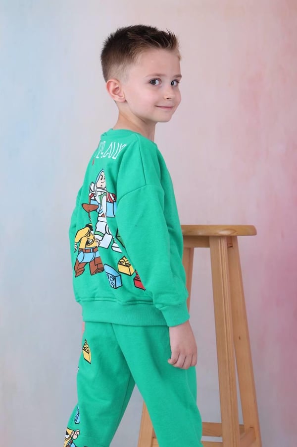 2283 Lego Yazılı Lego Baskılı Üç İplik Şardonsuz Erkek Çocuk Takım-FISTIK YEŞİLİ