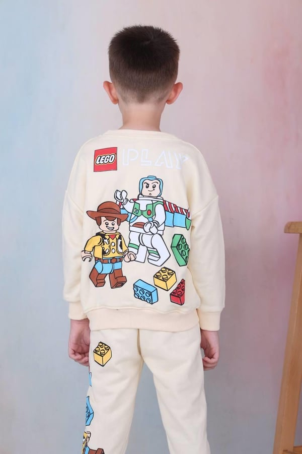 2283 Lego Yazılı Lego Baskılı Üç İplik Şardonsuz Erkek Çocuk Takım-KREM