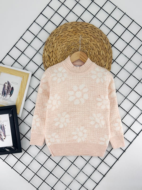 23163 Çiçek Detaytlı Noktalı Kız Çocuk Triko Kazak-SOMON