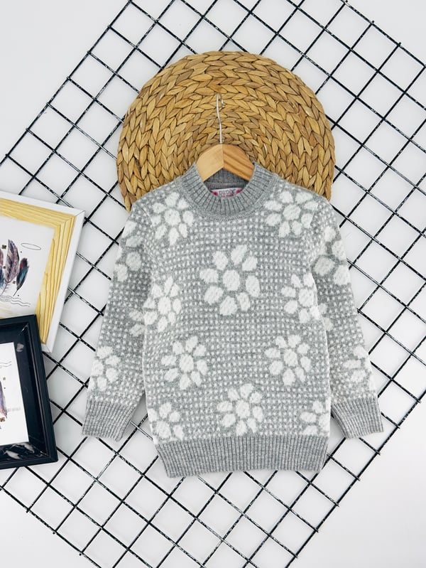23163 Çiçek Detaytlı Noktalı Kız Çocuk Triko Kazak-GRİ