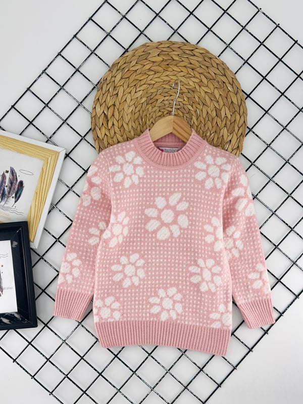 23163 Çiçek Detaytlı Noktalı Kız Çocuk Triko Kazak-PEMBE