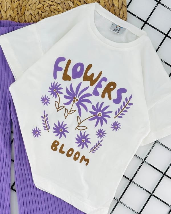 2366 Flowers Çiçek Baskılı Kız Çocuk Takım-LİLA
