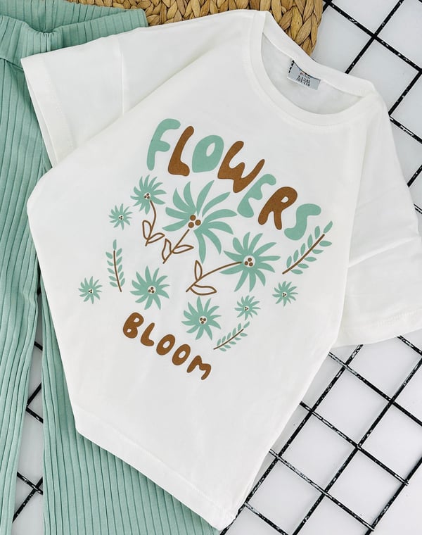2366 Flowers Çiçek Baskılı Kız Çocuk Takım-YEŞİL