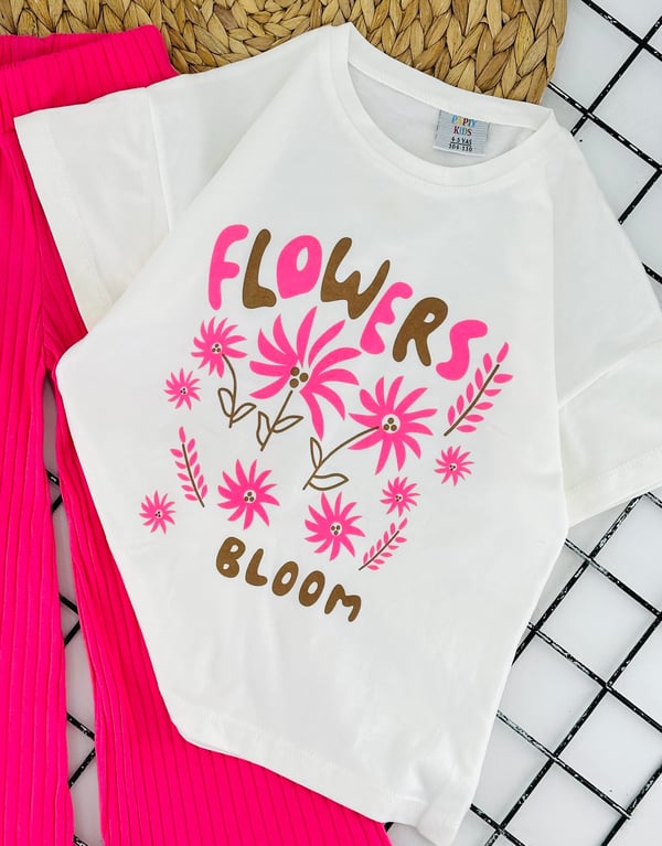 2366 Flowers Çiçek Baskılı Kız Çocuk Takım-PEMBE