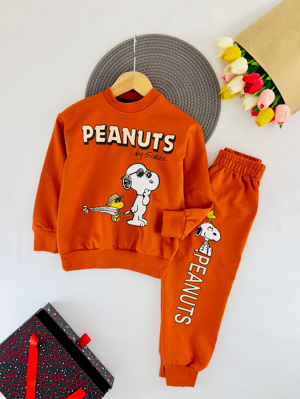 2408-11 Peanuts Yazılı Snoopy Baskılı Erkek Çocuk Takım-KİREMİT