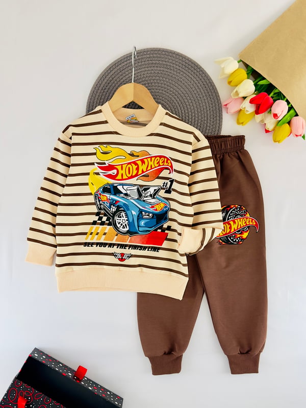 2408-18 Hot Wheels Baskılı Erkek Çocuk Takım-KAHVE