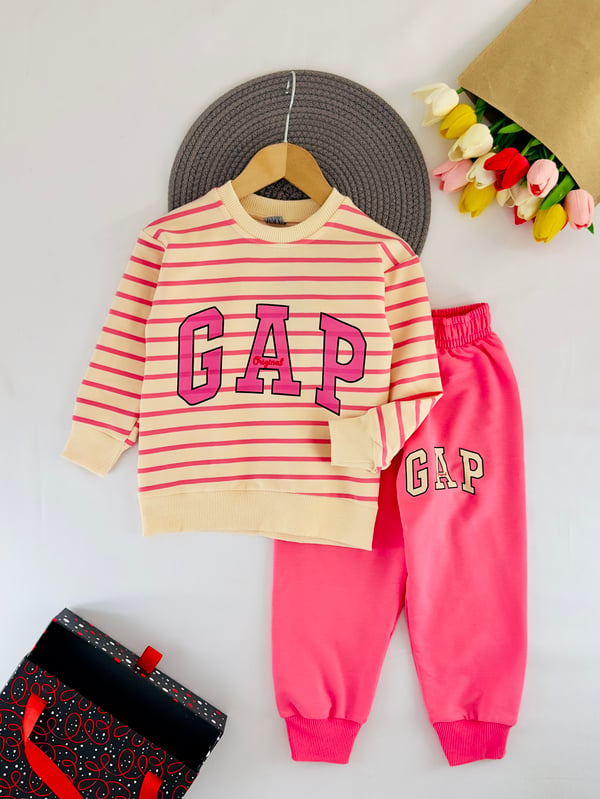 2408-19 Gap Baskılı Cizgili Kız Çocuk Mevsimlik Takım-PEMBE