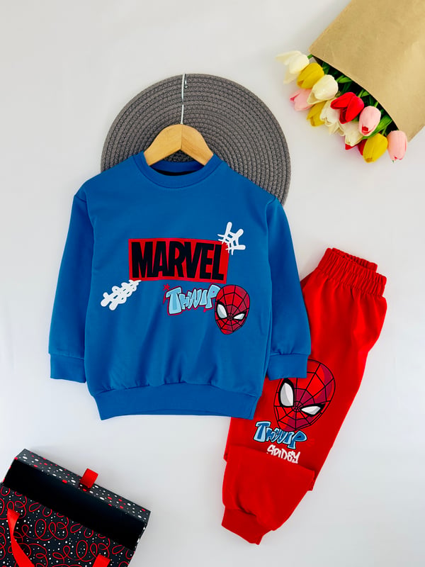 2408-4 Marvel Thwip Baskılı Erkek Çocuk Takım-SAKS MAVİ