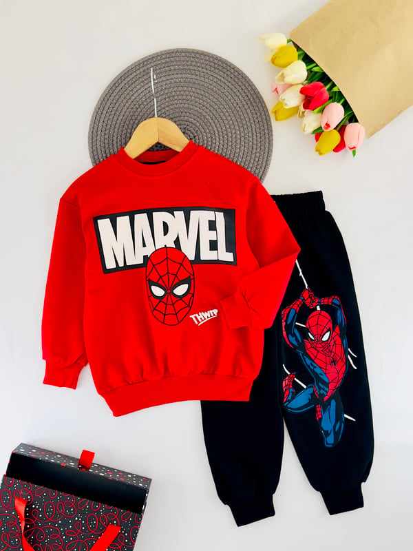 2408-7 Marvel Yazılı Spıderman Baskılı Erkek Çocuk Takım-KIRMIZI