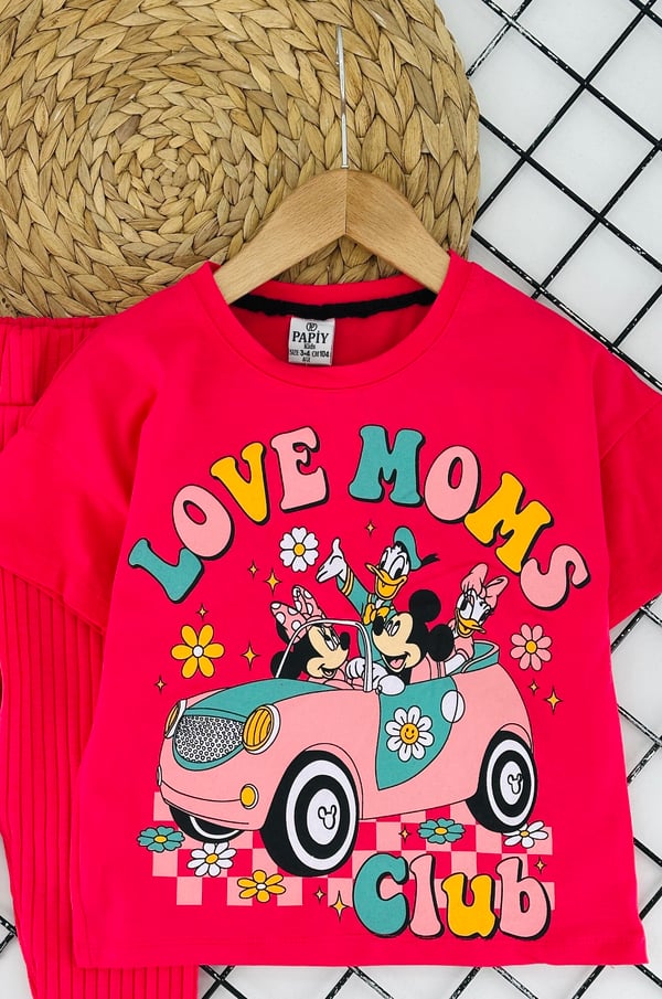 2416-1 Love Moms Yazıılı Dafy Dck Baskılı Kız Çocuk Takım-FUŞYA