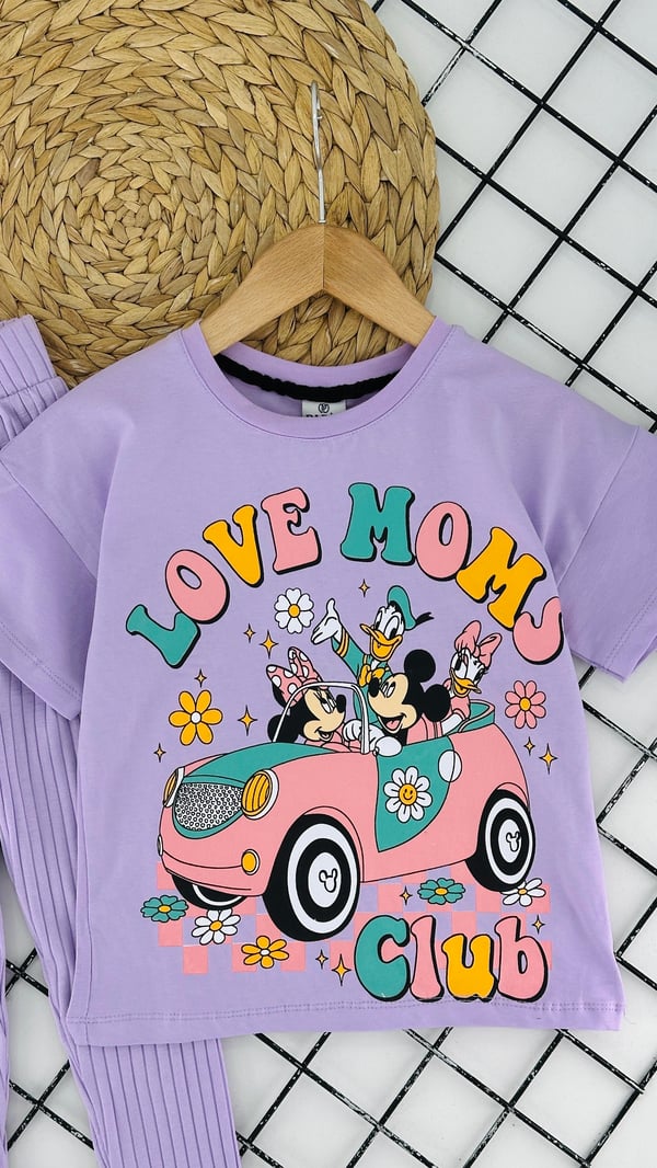 2416-1 Love Moms Yazıılı Dafy Dck Baskılı Kız Çocuk Takım-LİLA
