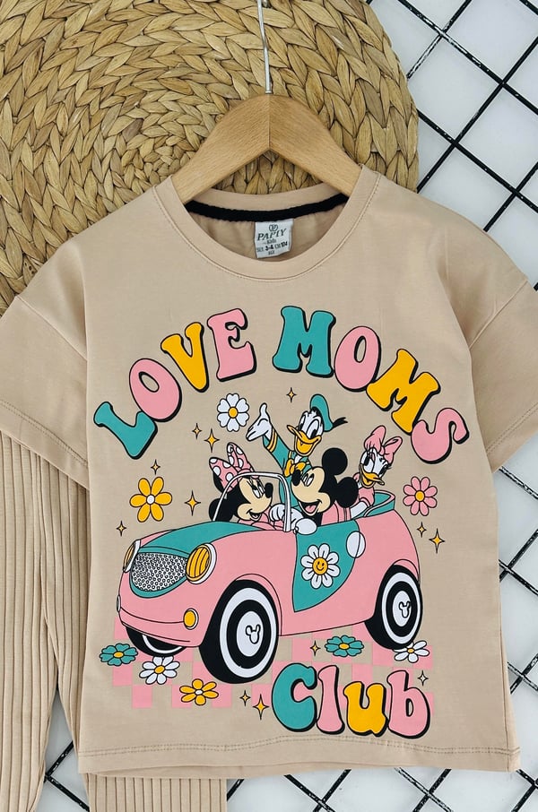 2416-1 Love Moms Yazıılı Dafy Dck Baskılı Kız Çocuk Takım-BEJ