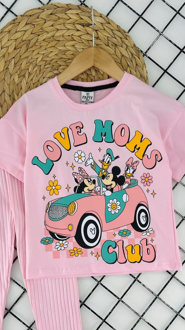 2416-1 Love Moms Yazıılı Dafy Dck Baskılı Kız Çocuk Takım-TOZ PEMBE