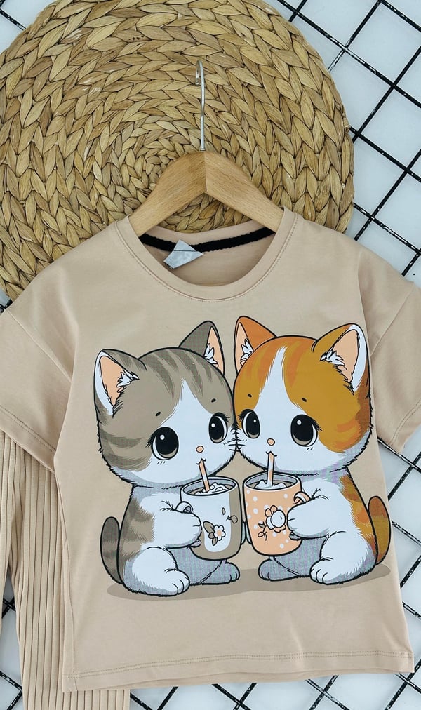 2416-2 Kedi Baskılı Kız Çocuk Takım-BEJ