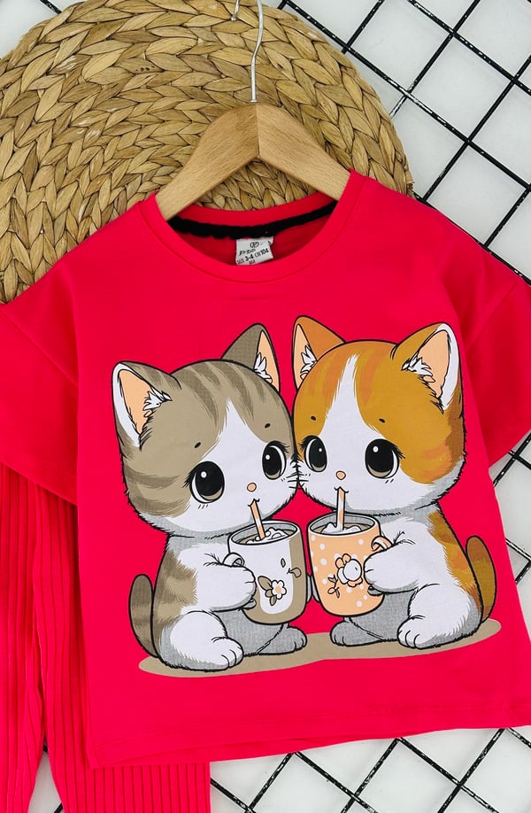 2416-2 Kedi Baskılı Kız Çocuk Takım-FUŞYA