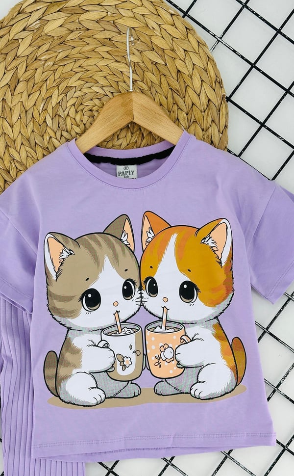 2416-2 Kedi Baskılı Kız Çocuk Takım-LİLA