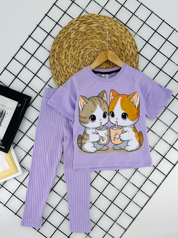 2416-2 Kedi Baskılı Kız Çocuk Takım-LİLA