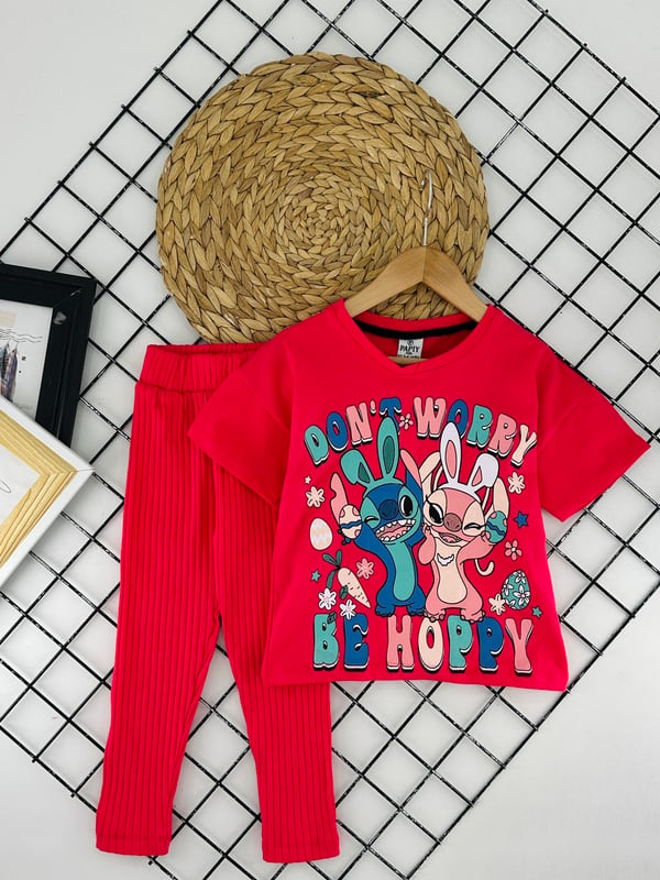 2416 Dont Worry Yazılı Stck Baskılı Kız Çocuk Takım-FUŞYA