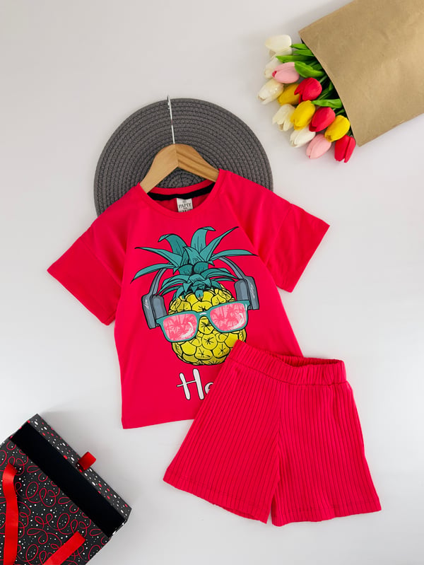 2417-9 Hello Yazılı Ananas Baskılı Kız Çocuk Şortlu Takım-FUŞYA