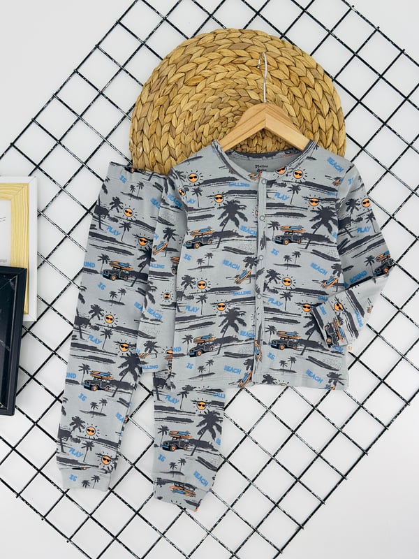 2452 Araba Ağaç Baskılı Erkek Çocuk Penye Pijama Takım-KOYU GRİ