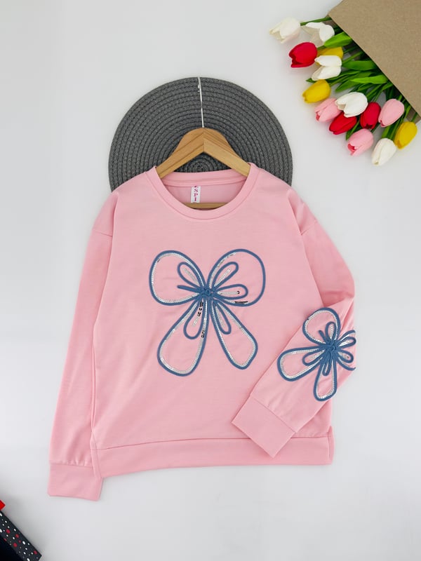 2500-8 Pul Fiyonk Detaylı Kız Çocuk Oysho Kumaş Sweat-PEMBE