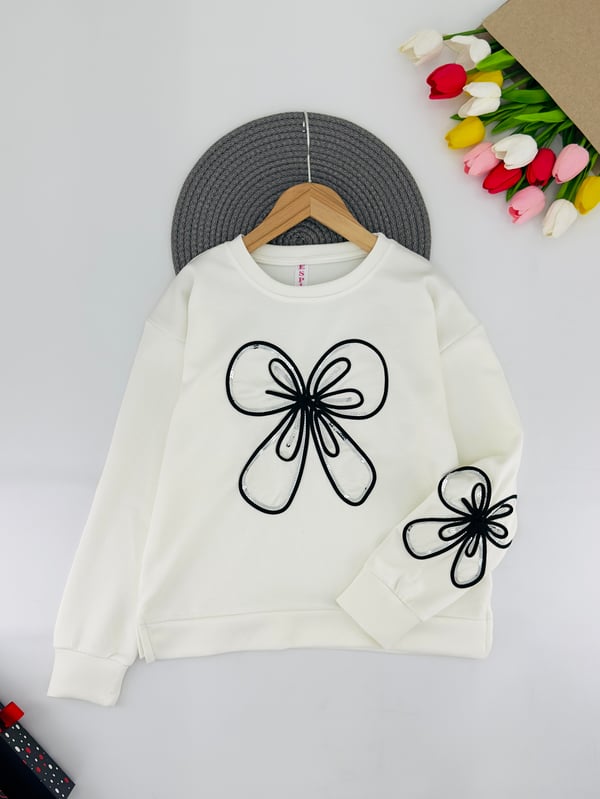 2500-8 Pul Fiyonk Detaylı Kız Çocuk Oysho Kumaş Sweat-KREM