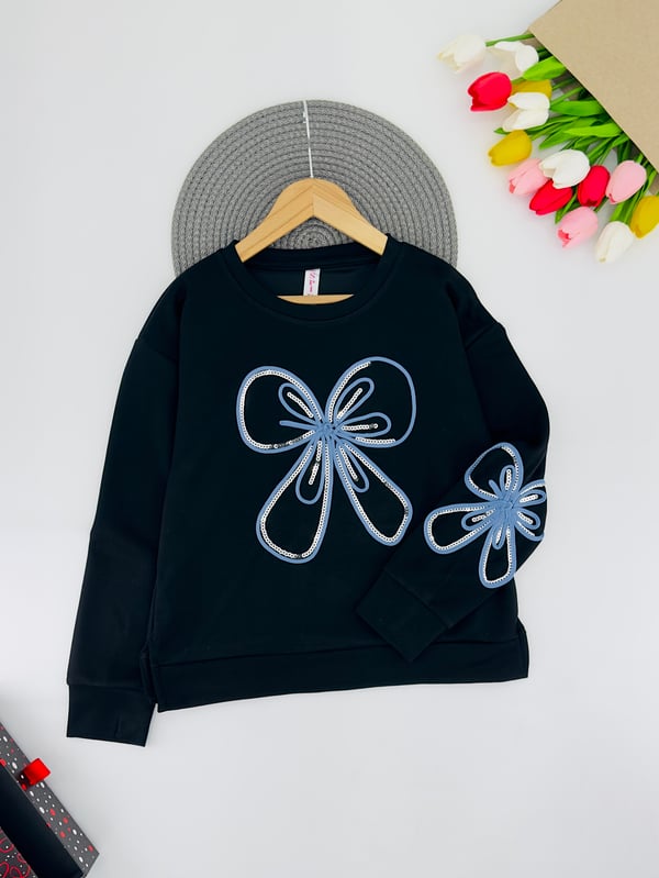 2500-8 Pul Fiyonk Detaylı Kız Çocuk Oysho Kumaş Sweat-SİYAH